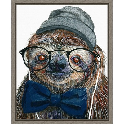 Framed Hipster Sloth Canvas Print with Gray Cap and Blue Bowtie