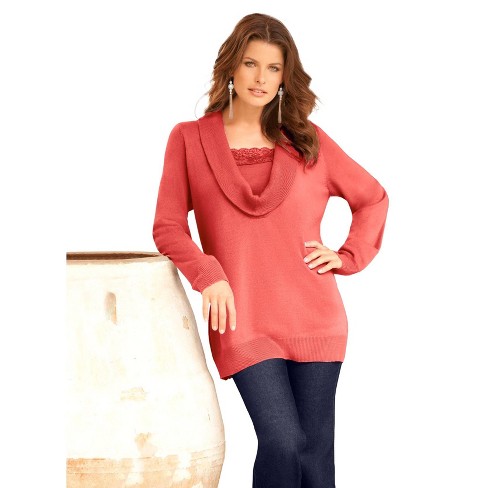 Roaman s Women s Plus Size Lace Trim Cowl Neck Sweater S Sunset Coral