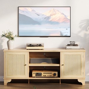Homhougo 70" Rattan TV Stand with 2 Cabinets & Shelf, Boho Media Console Table for Apartment or Living Room, White & Oak - 1 of 4