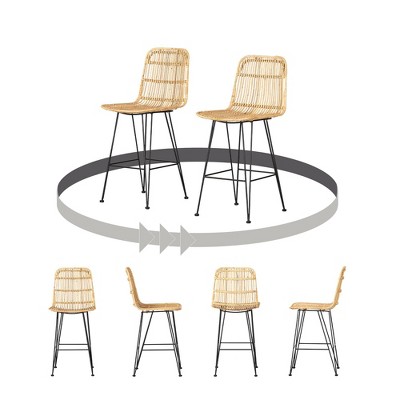 Handmade Rattan and Black Metal Counter Stools, Set of 2