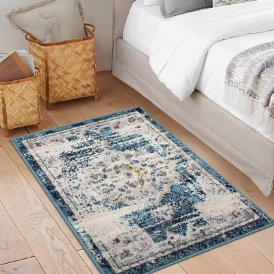 Vintage Medallion Area Rug Living Room Bedroom Rugs Floral Accent Rug Low Pile Stain Resistant Throw Carpet