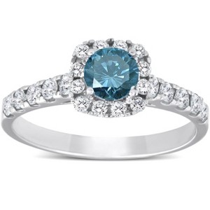 Pompeii3 1 Ct Blue Diamond Cushion Halo Engagement Ring 14k White Gold - 1 of 4