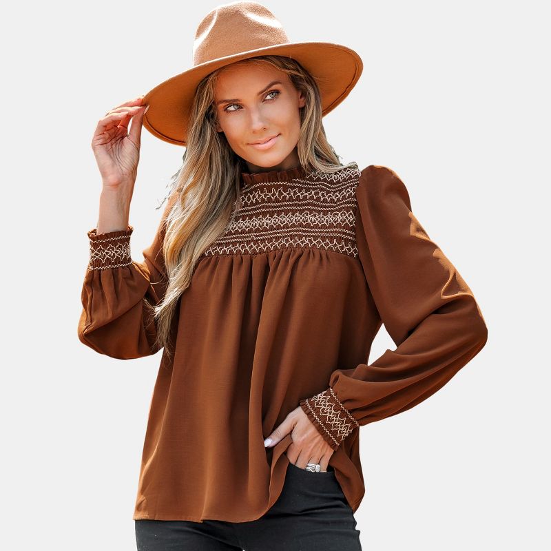 Women's Terra Cotta Embroidered Ruffled Mock Neck Peasant Sleeve Top - Cupshe, 1 of 8