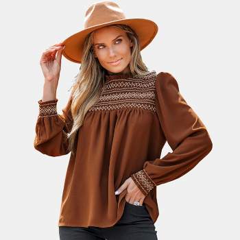 Women's Terra Cotta Embroidered Ruffled Mock Neck Peasant Sleeve Top - Cupshe