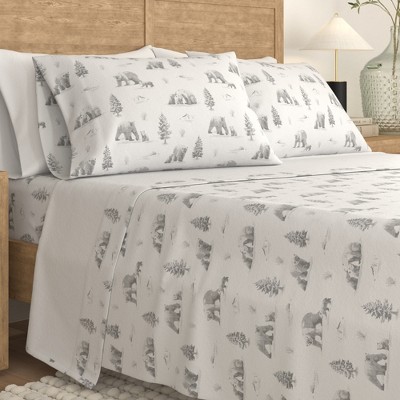Gray Cotton Flannel Full Sheet Set with Polar Bear Print
