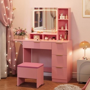 Vanity Desk with Mirror and Lights,Makeup Vanity Table with 3 Color Modes LED Lighted Mirror and Storage Stool, Makeup Table - 1 of 4