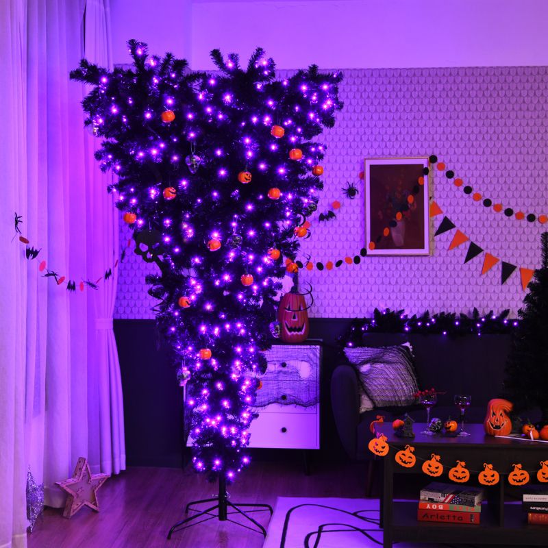 Tangkula Black Upside Down Artificial Christmas Tree Pre-lit Halloween Tree Faux-Pine Christmas Tree w/ Purple LED lights, 5 of 11