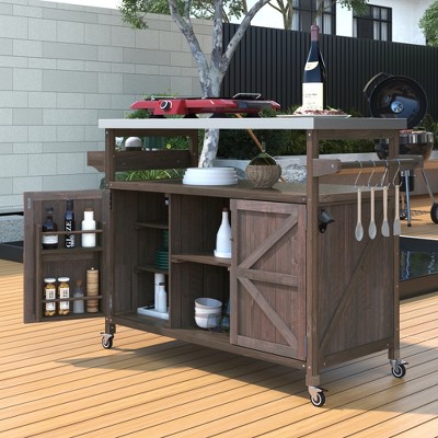 Lycvki Wood Outdoor Rolling Bar Cart with Stainless Steel Top for BBQ