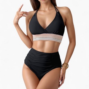 Anna-Kaci Women's High Waist Bikini Set with Crochet Waistband and Halter V Neck Top - 1 of 4