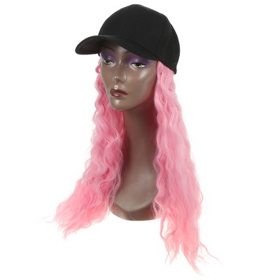 Unique Bargains Women's Baseball Cap with Hair Extensions Fluffy Curly Wavy Hairstyle Adjustable Wig Hat 27" Pink
