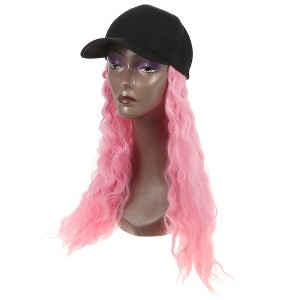 Unique Bargains Women's Baseball Cap with Hair Extensions Fluffy Curly Wavy Hairstyle Adjustable Wig Hat 27" Pink - 1 of 4