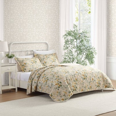 Laura Ashley King Gold and Beige Cotton Reversible Quilt Set