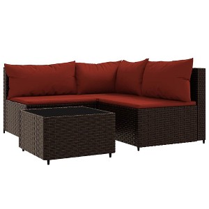 vidaXL Outdoor Patio Lounge Set, Brown PE Rattan Sofa Set with Cinnamon Red Cushions - 4 Piece, Includes Comfortable Padded Seating and Glass Tabletop - 1 of 4