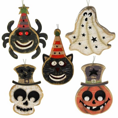 Transpac 5.5 Inch Halloween Plywood Ornament Set Halloween Tree Ornament Set , Halloween Decor Spider Pumpkin Cat Ghost Skull (5PC)