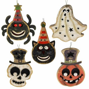 Transpac 5.5 Inch Halloween Plywood Ornament Set Halloween Tree Ornament Set , Halloween Decor Spider Pumpkin Cat Ghost Skull (5PC) - 1 of 4