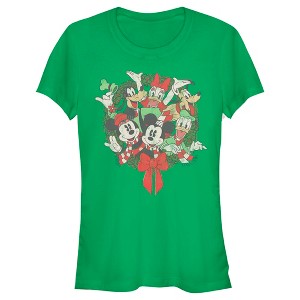 Juniors Womens Mickey & Friends Christmas Group Shot Wreath T-Shirt - 1 of 4