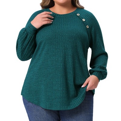 Women's Plus Size Ribbed Knit Button Decoration Crew Neck Long Sleeve Casual Tunic Blouses - Agnes Orinda