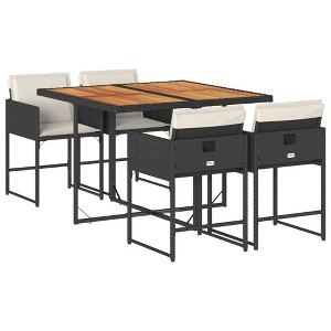 vidaXL 5 Piece Patio Dining Set - Black Poly Rattan Outdoor Furniture w/Cushions - Rectangular Acacia Wood Table for Garden, Backyard, Deck - 1 of 4