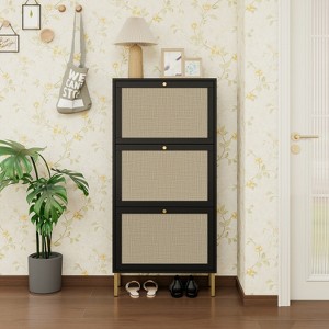 MAYEERTY Rattan Shoe Cabinets with 3 Doors Freestanding Modern Shoe Storage Shoe Racl for Entryway Black - 1 of 4