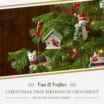 Elegant White and Red Porcelain Birdhouse Christmas Ornament
