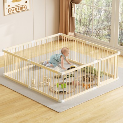 Large Wooden Baby Playpen, Adjustable Gate for Toddler and Babies, Baby Fence Play Yard with Door, Safe Play Area Kids Activity Center