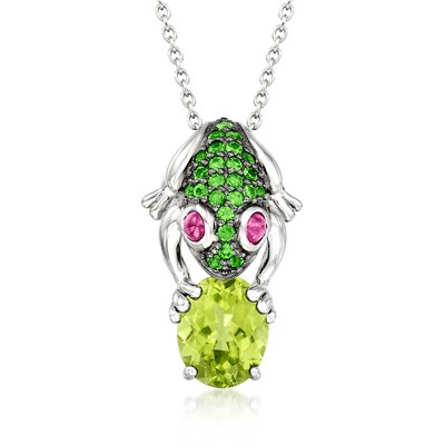 Ross-Simons 2.80 Carat Peridot and .60 ct. t.w. Ruby Frog Pendant Necklace With .30 ct. t.w. Chrome Diopsides in Sterling Silver