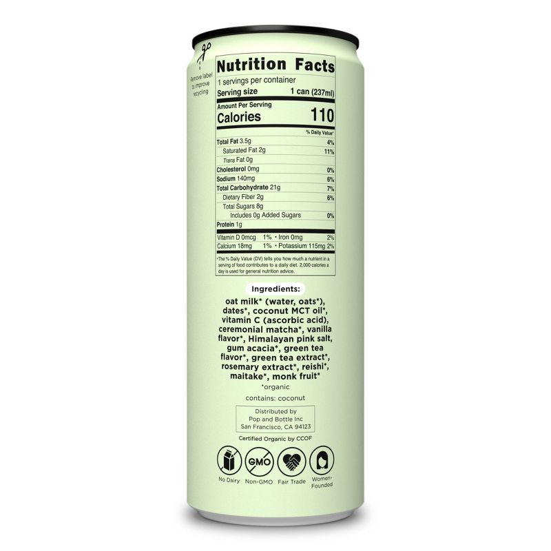 Pop &#38; Bottle Matcha Green Tea Oat Milk Latte with functional boost from Reishi and Maitake - 8 fl oz Can, 6 of 10