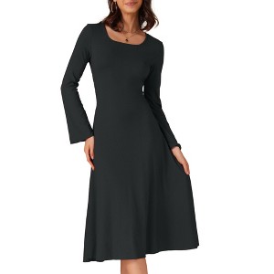 INSPIRE CHIC Women's Knit Midi A-Line Drawstring Back Square Neck Long Sleeve Dresses - 1 of 4