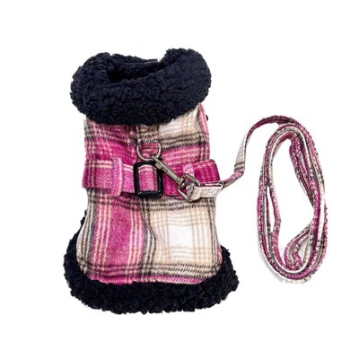 Large Hot Pink and Tan Plaid Sherpa-Lined Dog Harness Coat