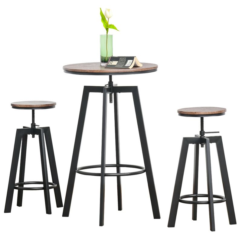 HOMCOM 3 Piece Industrial Adjustable Dining Table Set, Bar Height Bistro Table and Swivel Pub Stools for Small Space, 4 of 9