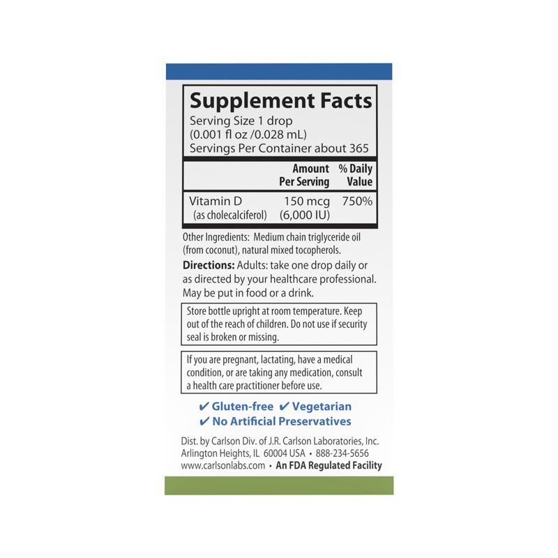 Carlson - Super Daily D3, 6000 IU (150 mcg) per Drop, Vitamin D Drops, Vegetarian, Unflavored, 5 of 7