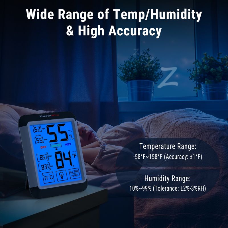ThermoPro TP55W Digital Hygrometer Indoor Thermometer Humidity Gauge with Jumbo Touchscreen and Backlight Temperature Humidity Monitor, 2 of 9