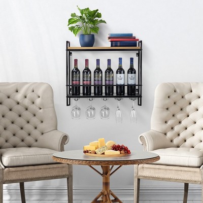 Elegant 2-Tier Black Melamine & Steel Wine Rack with Glass Holder