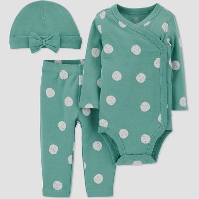 Image of Baby Girls' 3pc Polka Dot Top and Bottom Set with Hat - Just One You® made by carter's Green/White 3M