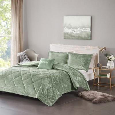 Sapphtopaz 3-Piece Blush Crushed Velvet Comforter Set, Diamond Quilted Twin/Twin XL Quilt Set with Shams & Decorative Pillow -Green