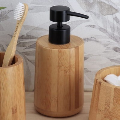 Evideco French Home Goods Natural Bamboo Liquid Soap Dispenser with Matte Black Pump - Refillable Wooden hand wash dispenser, 10 fl oz -