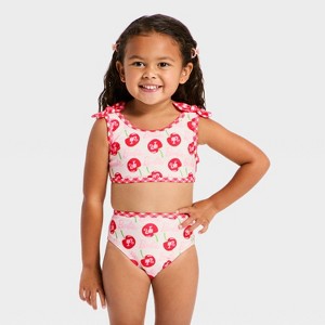Toddler Girls' Barbie Cherry Print Bikini with Bows - Light Pink - 1 of 3