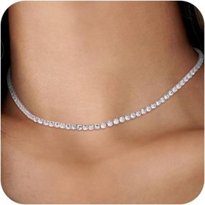 Tennis Choker Necklace for Women, 14K Gold/Silver Plated Cubic Zirconia Chain silver tennis necklace 2mm - 1 of 4