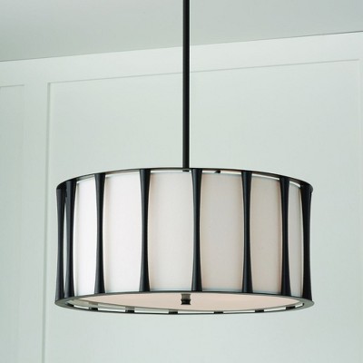 Matte Black 4-Light Drum Pendant with White Fabric Shade