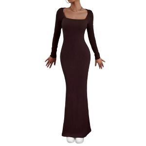 BLUEMING Women's Square Neck Long Sleeve Knit Maxi Dress Knit Bodycon Long Dress - 1 of 4