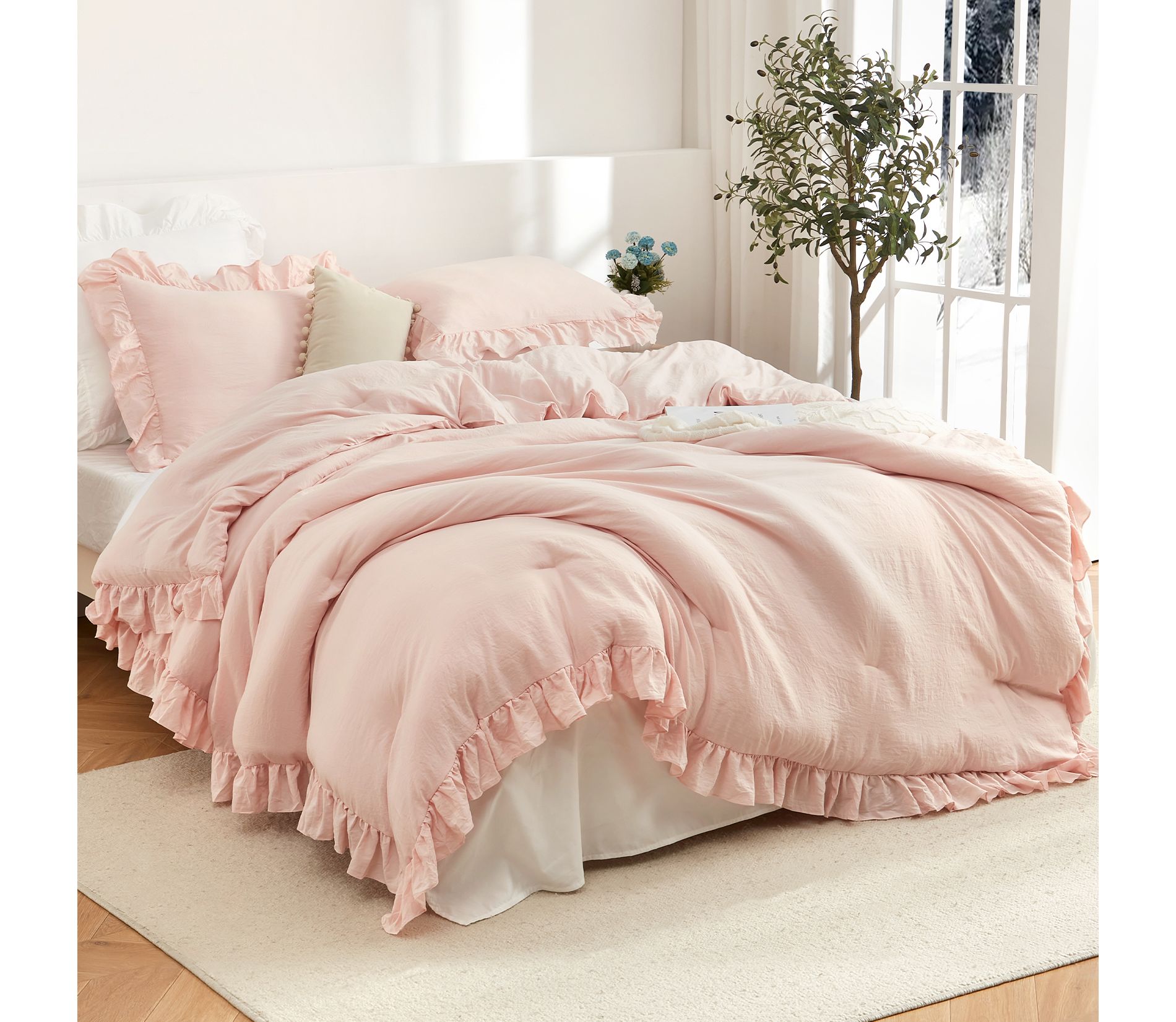 Ruffled Comforter Set 3 Pieces Soft Vintage Country Style Bedding Set with Shams Fluffy Lightweight for All Season Use