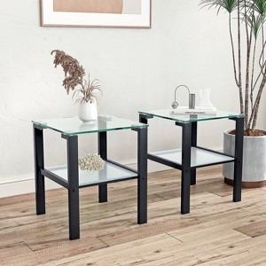 Set of 2, Glass two layer tea table, small round table, bedroom corner table, living room side table, Transparent - 1 of 4