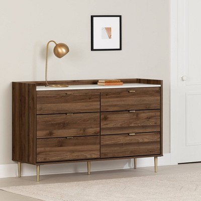 Elegant 6-Drawer Double Dresser in Natural Walnut with Brass Accents