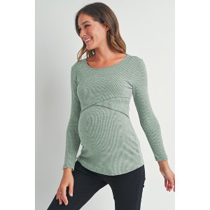 Hello Miz Women's Ribbed Long Sleeve Round Neck Maternity Nursing Top - 1 of 4