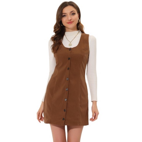 Allegra K Women s Corduroy Button Down Scoop Neck Pockets Casual Pinafore Overall Dress Brown Large