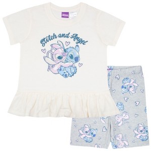 Disney Lilo and Stitch Girls Ruffle Hem T-Shirt and Biker Shorts 2-Piece Set - Off-White, 5 - 1 of 4