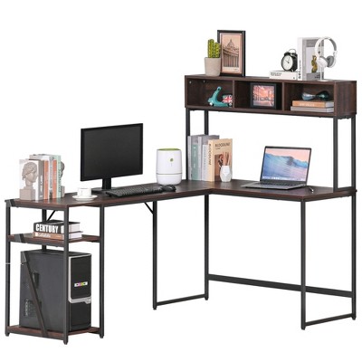 HomCom L-Shaped Home Office Desk with Large Tabletop Workspace Bottom Tower Shelf and 3 Cube Shelves Walnut Brown