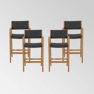 Genesee 4pk Acacia Wood Bar Stools - Teak/Black - Christopher Knight Home: Weather-Resistant Patio Chairs - 1 of 4