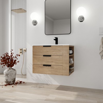 30" Floating Bathroom Vanity with Resin Sink, 30 Inch Single Sink Wall Mounted Bathroom Vanity with 3 Drawers