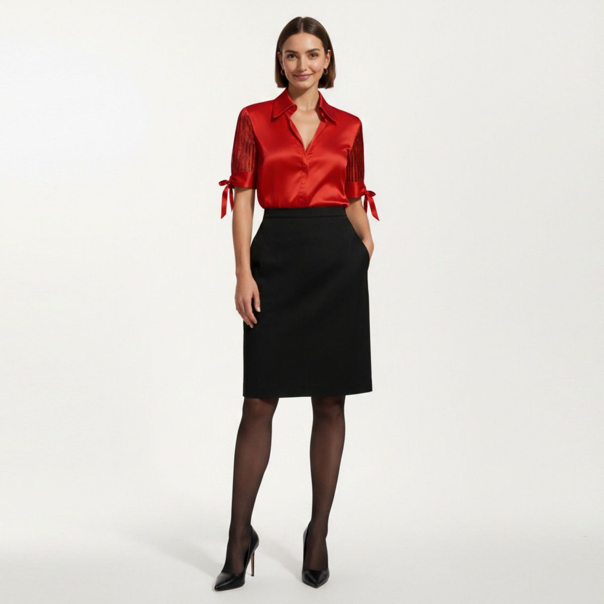 Anna-Kaci Women's Satin Collared Blouse with Sheer Stripe Sleeves and Bow Tie Cuffs - thumbnail 10